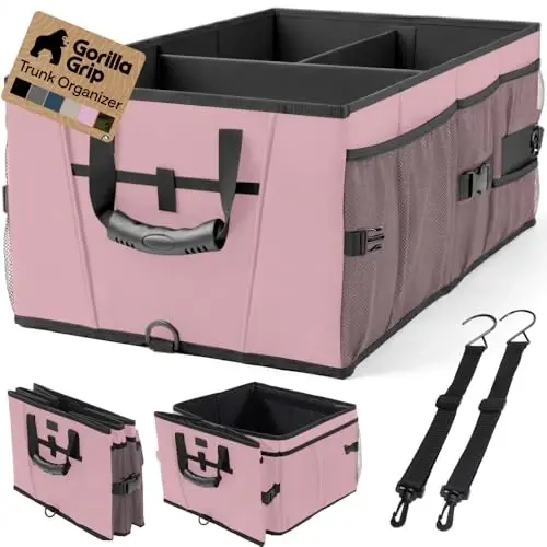 GORILLA GRIP Trunk Organizer for SUV and Cars, Large Capacity Collapsible Car Trunk Storage Organizer, Heavy Duty Car Accessories, Gifts for Mom and Dad, Slip & Water Resistant Multi Compartment, Pink 