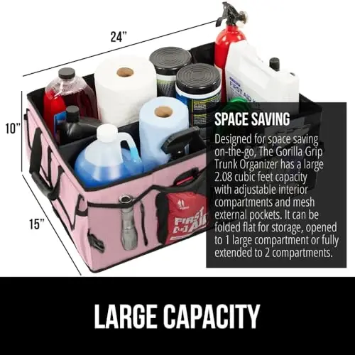 GORILLA GRIP Trunk Organizer for SUV and Cars, Large Capacity Collapsible Car Trunk Storage Organizer, Heavy Duty Car Accessories, Gifts for Mom and Dad, Slip & Water Resistant Multi Compartment, Pink - 3