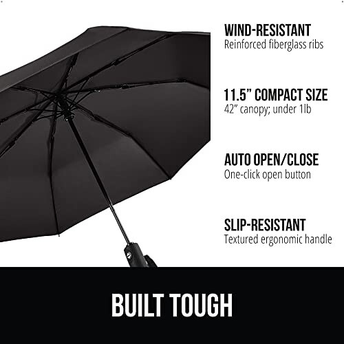 Gorilla Grip Windproof Compact Stick Umbrella for Rain, One-Click Automatic Open and Close, Strong Reinforced Fiberglass Ribs, Easily Collapsible, Lightweight Portable Umbrellas for Travel - 1