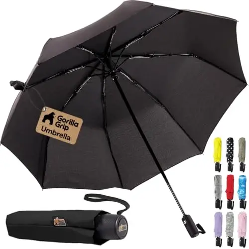 Gorilla Grip Windproof Compact Stick Umbrella for Rain, One-Click Automatic Open and Close, Strong Reinforced Fiberglass Ribs, Easily Collapsible, Lightweight Portable Umbrellas for Travel 