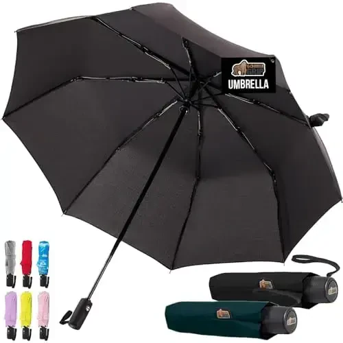 GORILLA GRIP Strong Windproof Stick Compact Umbrella for Rain, 2 PK, One-Click Automatic Open Close, Durable Quick Dry Waterproof Material, Lightweight, Travel Size Fits Backpack, Black Hunter Green - GORILLA GRIP