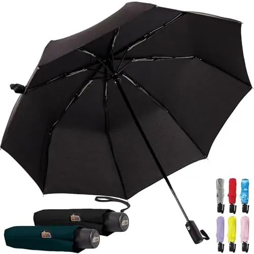 GORILLA GRIP Strong Windproof Stick Compact Umbrella for Rain, 2 PK, One-Click Automatic Open Close, Durable Quick Dry Waterproof Material, Lightweight, Travel Size Fits Backpack, Black Hunter Green - 1
