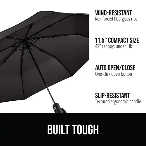GORILLA GRIP Strong Windproof Stick Compact Umbrella for Rain, 2 PK, One-Click Automatic Open Close, Durable Quick Dry Waterproof Material, Lightweight, Travel Size Fits Backpack, Black Hunter Green - 2