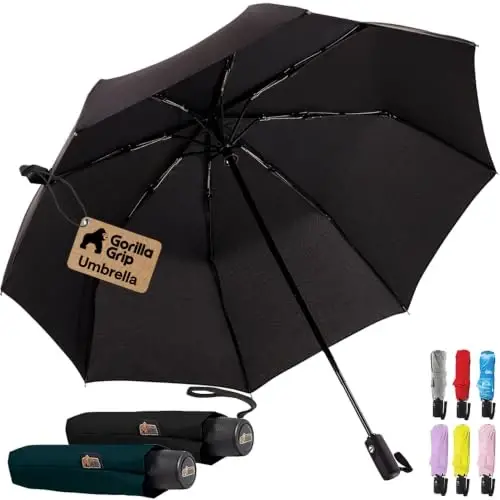 GORILLA GRIP Compact Travel Size Umbrella for Rain, 2 PK, Sleek Design Fits Backpack, Purse and Carry On, Lightweight Under 1lb, One Click Open and Close, Wind Resistant, Waterproof, Black Green 