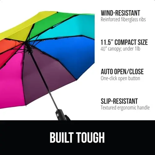 GORILLA GRIP Strong Windproof Stick Compact Umbrella for Rain, One-Click Automatic Open and Close, Durable Quick Dry Waterproof Material, Lightweight and Portable, Travel Size Fits Backpack, Rainbow - 2