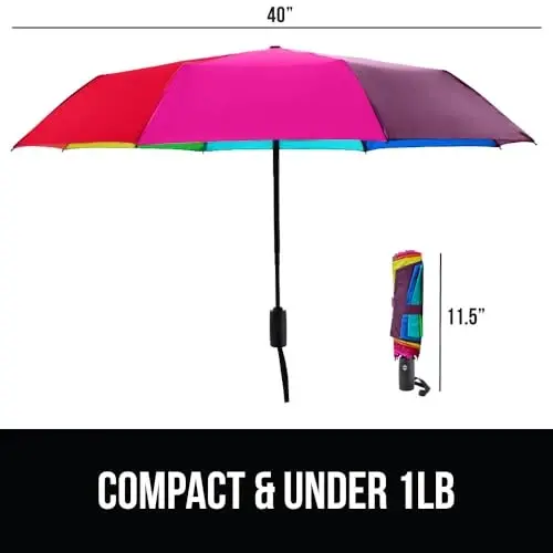 GORILLA GRIP Strong Windproof Stick Compact Umbrella for Rain, One-Click Automatic Open and Close, Durable Quick Dry Waterproof Material, Lightweight and Portable, Travel Size Fits Backpack, Rainbow - 5