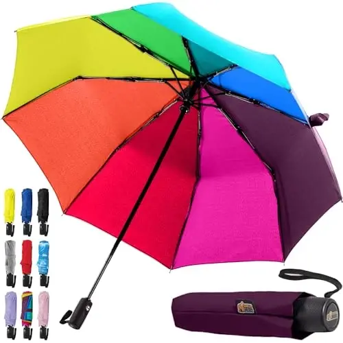 GORILLA GRIP Strong Windproof Stick Compact Umbrella for Rain, One-Click Automatic Open and Close, Durable Quick Dry Waterproof Material, Lightweight and Portable, Travel Size Fits Backpack, Rainbow - 1
