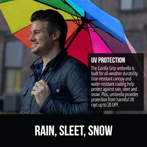 GORILLA GRIP Strong Windproof Stick Compact Umbrella for Rain, One-Click Automatic Open and Close, Durable Quick Dry Waterproof Material, Lightweight and Portable, Travel Size Fits Backpack, Rainbow - 3