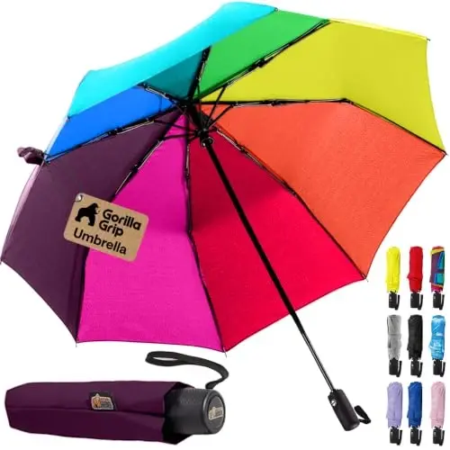 GORILLA GRIP Compact Travel Size Umbrella for Rain, Sleek Design Fits Backpack, Purse and Carry On, Lightweight Under 1lb, One Click Open and Close, Wind Resistant, Durable Waterproof, Rainbow - 4