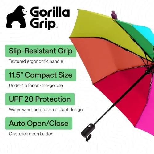 GORILLA GRIP Compact Travel Size Umbrella for Rain, Sleek Design Fits Backpack, Purse and Carry On, Lightweight Under 1lb, One Click Open and Close, Wind Resistant, Durable Waterproof, Rainbow - 5