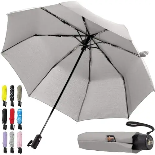 GORILLA GRIP Strong Windproof Stick Compact Umbrella for Rain, One-Click Automatic Open and Close, Durable Quick Dry Waterproof Material, Lightweight and Portable, Travel Size Fits Backpack, Gray 