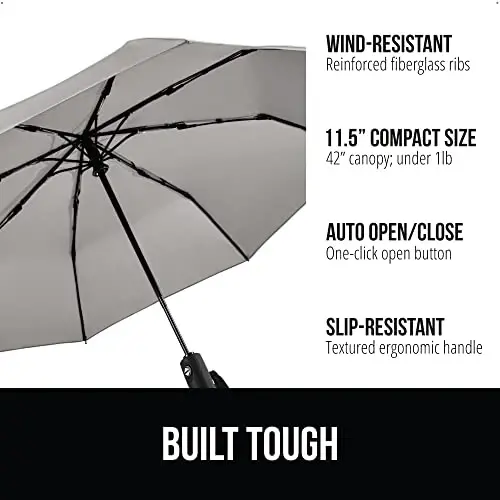 GORILLA GRIP Strong Windproof Stick Compact Umbrella for Rain, One-Click Automatic Open and Close, Durable Quick Dry Waterproof Material, Lightweight and Portable, Travel Size Fits Backpack, Gray - 2
