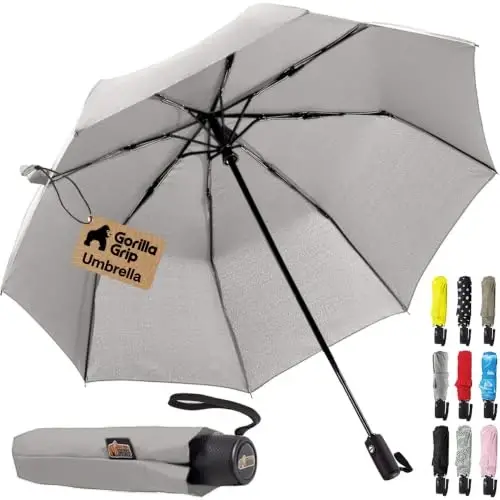 GORILLA GRIP Compact Travel Size Umbrella for Rain, Sleek Design Fits Backpack, Purse and Carry On, Lightweight Under 1lb, One Click Open and Close, Wind Resistant, Durable Waterproof Quick Dry, Gray 