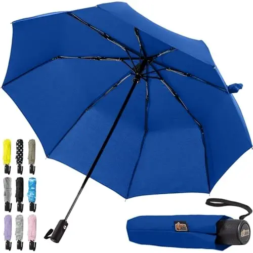 GORILLA GRIP Strong Windproof Stick Compact Umbrella for Rain, One-Click Automatic Open and Close, Durable Quick Dry Waterproof Material, Lightweight and Portable, Travel Size Fits Backpack, Navy - GORILLA GRIP