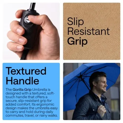 GORILLA GRIP Strong Windproof Stick Compact Umbrella for Rain, One-Click Automatic Open and Close, Durable Quick Dry Waterproof Material, Lightweight and Portable, Travel Size Fits Backpack, Navy - 3
