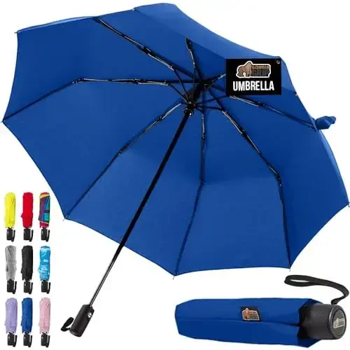GORILLA GRIP Strong Windproof Stick Compact Umbrella for Rain, One-Click Automatic Open and Close, Durable Quick Dry Waterproof Material, Lightweight and Portable, Travel Size Fits Backpack, Navy 