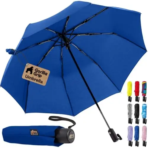GORILLA GRIP Compact Travel Size Umbrella for Rain, Sleek Design Fits Backpack, Purse and Carry On, Lightweight Under 1lb, One Click Open and Close, Wind Resistant, Durable Waterproof Quick Dry, Navy 