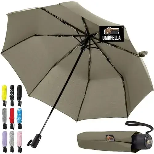 GORILLA GRIP Strong Windproof Stick Compact Umbrella for Rain, One-Click Automatic Open and Close, Durable Quick Dry Waterproof Material, Lightweight and Portable, Travel Size Fits Backpack, Beige - GORILLA GRIP
