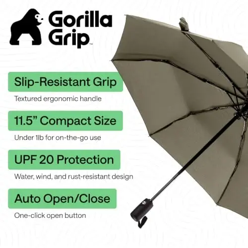 GORILLA GRIP Strong Windproof Stick Compact Umbrella for Rain, One-Click Automatic Open and Close, Durable Quick Dry Waterproof Material, Lightweight and Portable, Travel Size Fits Backpack, Beige - GORILLA GRIP (1)