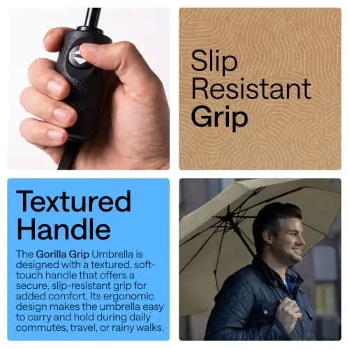 GORILLA GRIP Strong Windproof Stick Compact Umbrella for Rain, One-Click Automatic Open and Close, Durable Quick Dry Waterproof Material, Lightweight and Portable, Travel Size Fits Backpack, Beige - 3