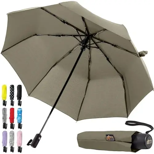 GORILLA GRIP Strong Windproof Stick Compact Umbrella for Rain, One-Click Automatic Open and Close, Durable Quick Dry Waterproof Material, Lightweight and Portable, Travel Size Fits Backpack, Beige - 1