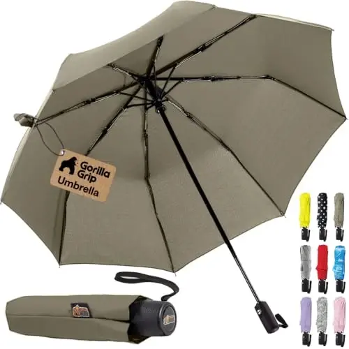 GORILLA GRIP Compact Travel Size Umbrella for Rain, Sleek Design Fits Backpack, Purse and Carry On, Lightweight Under 1lb, One Click Open and Close, Wind Resistant, Durable Waterproof Quick Dry, Beige 