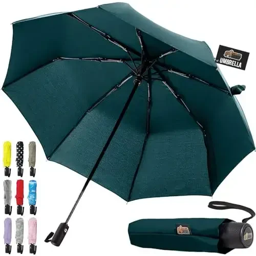GORILLA GRIP Strong Windproof Stick Compact Umbrella for Rain, One-Click Automatic Open and Close, Durable Quick Dry Waterproof Material, Lightweight, Portable, Travel Size Fits Backpack, Hunter Green - 1