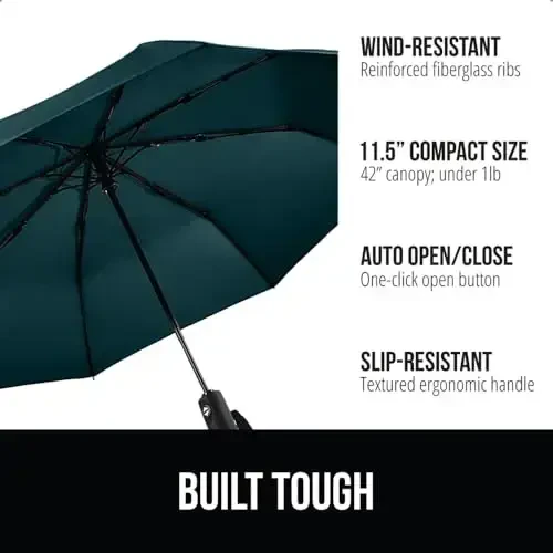 GORILLA GRIP Strong Windproof Stick Compact Umbrella for Rain, One-Click Automatic Open and Close, Durable Quick Dry Waterproof Material, Lightweight, Portable, Travel Size Fits Backpack, Hunter Green - 2
