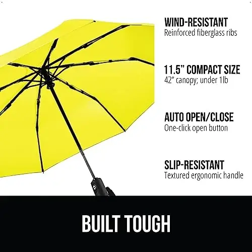 GORILLA GRIP Strong Windproof Stick Compact Umbrella for Rain, One-Click Automatic Open and Close, Durable Quick Dry Waterproof Material, Lightweight and Portable, Travel Size Fits Backpack, Yellow - 1