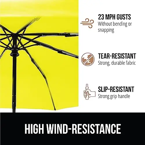 GORILLA GRIP Strong Windproof Stick Compact Umbrella for Rain, One-Click Automatic Open and Close, Durable Quick Dry Waterproof Material, Lightweight and Portable, Travel Size Fits Backpack, Yellow - 3