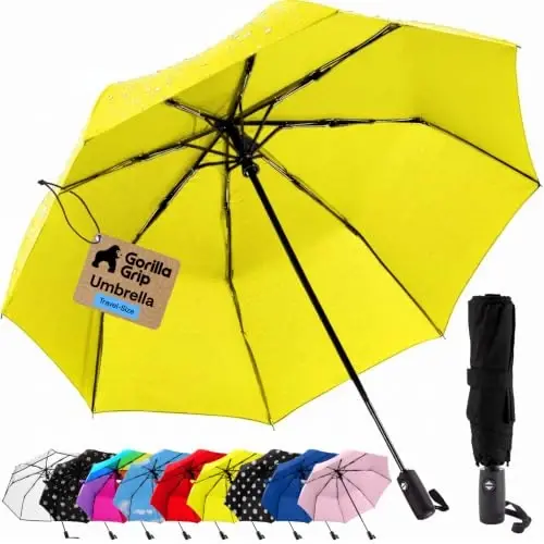 GORILLA GRIP Compact Travel Size Umbrella for Rain, Sleek Design Fits Backpack, Purse and Carry On, Lightweight Under 1lb, One Click Open and Close, Wind Resistant, Durable Waterproof, Yellow 