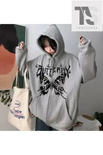 Gothic Retro Dark GrayButterfly Hooded Baskılı Oversize Fermuarlı Unisex Kapüşonlu-GRİ Retro 