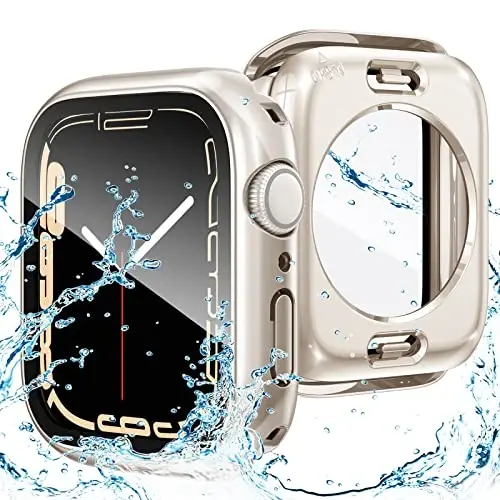 Goton 2 in 1 Apple Watch Series 9 8 7 ekran himoyachisi 41mm uchun suv o'tkazmaydigan g'ilof, 360 himoya shisha yuz qopqog'i qattiq kompyuter bamperi + iWatch aksessuarlari 41 mm uchun orqa ramka - GOTON