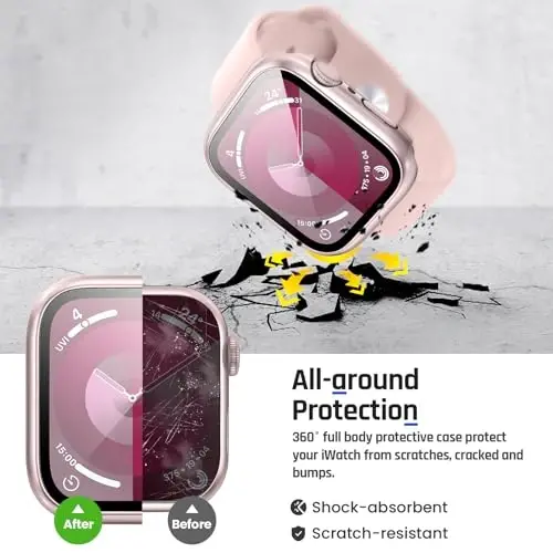 Goton 2 in 1 Apple Watch Series 9 8 7 ekran himoyachisi 41mm uchun suv o'tkazmaydigan qutisi, 360 himoya oynali yuz qopqog'i qattiq kompyuter bamperi + iWatch aksessuarlari uchun orqa ramka 41 mm 