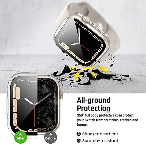 Goton 2 in 1 Apple Watch Series 9 8 7 ekran himoyasi 45mm uchun suv o'tkazmaydigan g'ilof, 360 himoya oynali yuz qopqog'i qattiq PC bamperi + iWatch aksessuarlari uchun orqa ramka 45 mm 