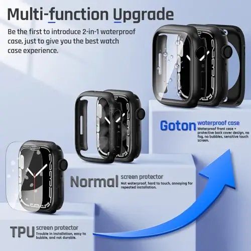 Goton 2 in 1 Apple Watch Series 9 8 7 uchun suv o'tkazmaydigan g'ilof ekran himoyachisi 45mm, 360 himoya oynali yuz qopqog'i qattiq kompyuter bamperi + iWatch aksessuarlari uchun orqa ramka 45 mm - GOTON (1)