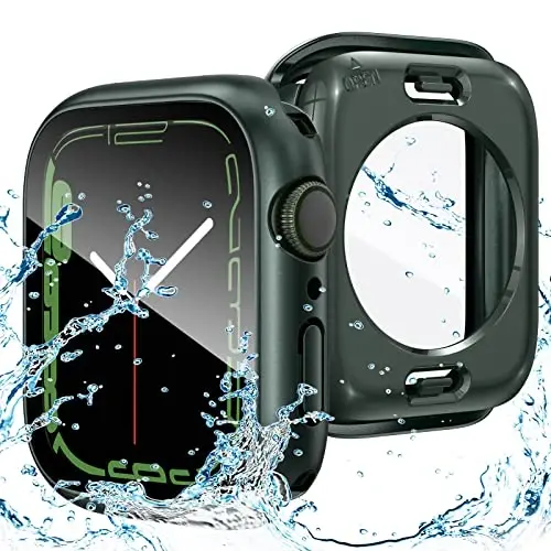 Goton 2 in 1 Apple Watch Series 9 8 7 uchun suv o'tkazmaydigan g'ilof Ekran himoyachisi 45mm, 360 himoya oynali yuz qopqog'i Qattiq PC bamper + iWatch aksessuarlari uchun orqa ramka 45 mm 