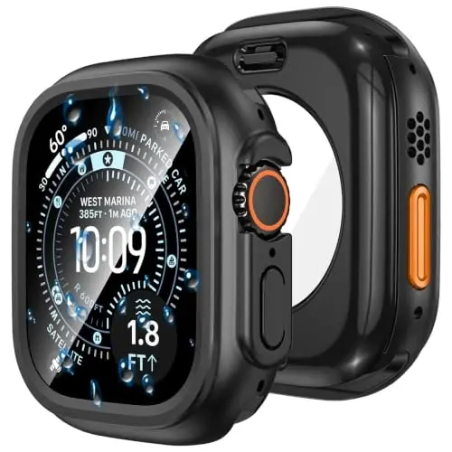 Goton 2 in 1 Apple Watch Ultra 3/2/1 uchun suv o‘tkazmaydigan g‘ilof 49 mm ekran himoyachisi, 360 himoya oynali qattiq kompyuter bamperi + iWatch Ultra aksessuarlari uchun orqa ramka 49 mm, tiniq 