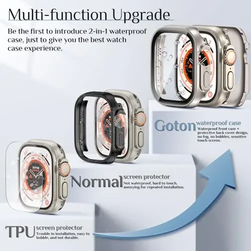 Goton 2 in 1 Apple Watch Ultra 3/2/1 uchun suv o'tkazmaydigan g'ilof 49 mm ekran himoyachisi, 360 himoya oynali qopqoq qattiq kompyuter bamperi + iWatch Ultra aksessuarlari uchun orqa ramka 49 mm, shaffof - 2