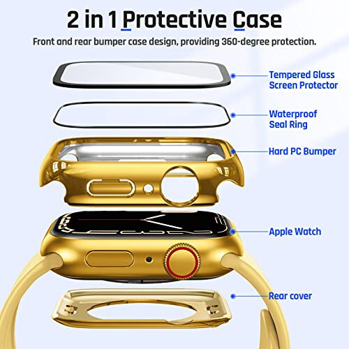 Goton 2 in 1 Waterproof Case for Apple Watch Screen Protector 44mm SE 2nd Gen Series 6 5 4, 360 Protective Glass Face Cover Hard PC Bumper + Back Frame for iWatch Accessories 44 mm - 5