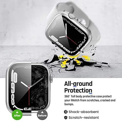 Goton 2 in 1 Waterproof Case for Apple Watch Series 9 8 7 Screen Protector 45mm, 360 Protective Glass Face Cover Hard PC Bumper + Back Frame for iWatch Accessories 45 mm 