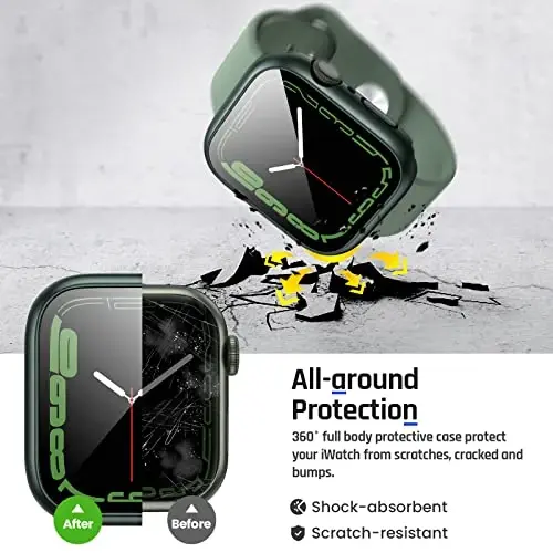 Goton 2 in 1 Waterproof Case for Apple Watch Series 9 8 7 Screen Protector 45mm, 360 Protective Glass Face Cover Hard PC Bumper + Back Frame for iWatch Accessories 45 mm 