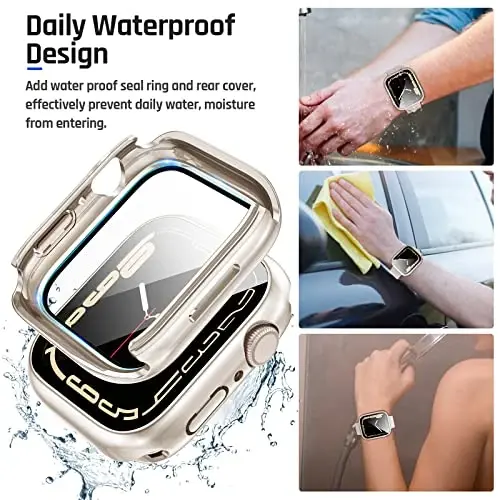 Goton 2 in 1 Waterproof Case for Apple Watch Series 9 8 7 Screen Protector 45mm, 360 Protective Glass Face Cover Hard PC Bumper + Back Frame for iWatch Accessories 45 mm - 4