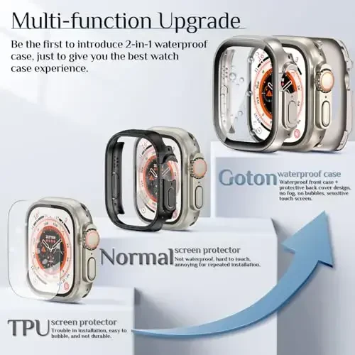 Goton 2 in 1 Waterproof Case for Apple Watch Ultra 3/2/1 Screen Protector 49mm, 360 Protective Glass Face Cover Hard PC Bumper + Back Frame for iWatch Ultra Accessories 49 mm, Clear - 2