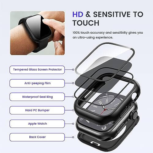 Goton 2-in-1 Waterproof Privacy Case for Apple Watch Screen Protector 44mm SE Series 6 5 4, Front Anti Spy Tempered Glass Face Cover Back Bumper for iWatch Accessories 44 mm - 7