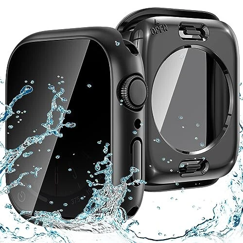 Goton 2-in-1 Waterproof Privacy Case for Apple Watch Screen Protector 44mm SE Series 6 5 4, Front Anti Spy Tempered Glass Face Cover Back Bumper for iWatch Accessories 44 mm 