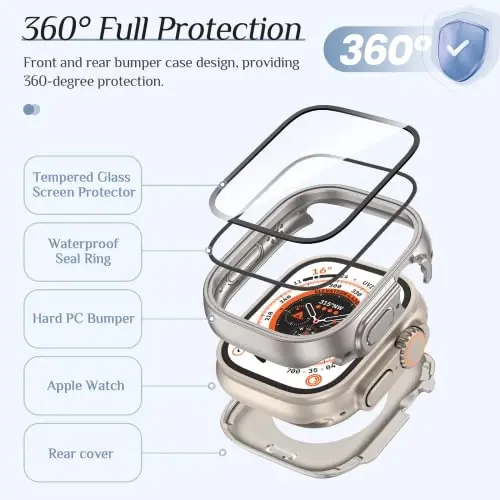 Goton 2 Pack Apple Watch Ultra 2 - Ultra1 uchun suv o'tkazmaydigan g'ilof 49 mm ekran himoyachisi, закалённое shisha qattiq kompyuter zarbaga chidamli qopqoq orqa bamper iWatch uchun - 5