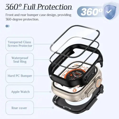 Goton 2 Pack Apple Watch Ultra 2 - Ultra1 uchun suv o'tkazmaydigan g'ilof 49 mm ekran himoyachisi, закалённое стекло qattiq kompyuter зарбага чидамли arka bamper iWatch uchun - 5