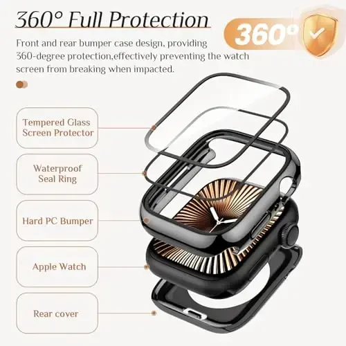 Goton 2 Pack Waterproof Case for Apple Watch Series 10 Screen Protector 46mm, Tempered Glass Hard PC Shockproof Cover Back Bumper for iWatch 10 (2024) - 5
