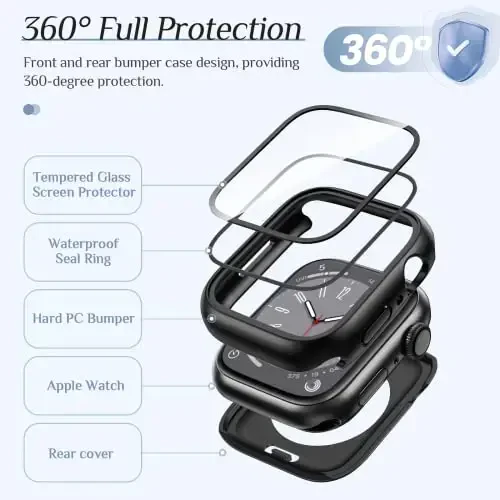 Goton 2 Pack Waterproof Case for Apple Watch Series 6 5 4 SE 2nd Generation Screen Protector 40mm, Tempered Glass Hard PC Shockproof Cover Back Bumper for iWatch - 5